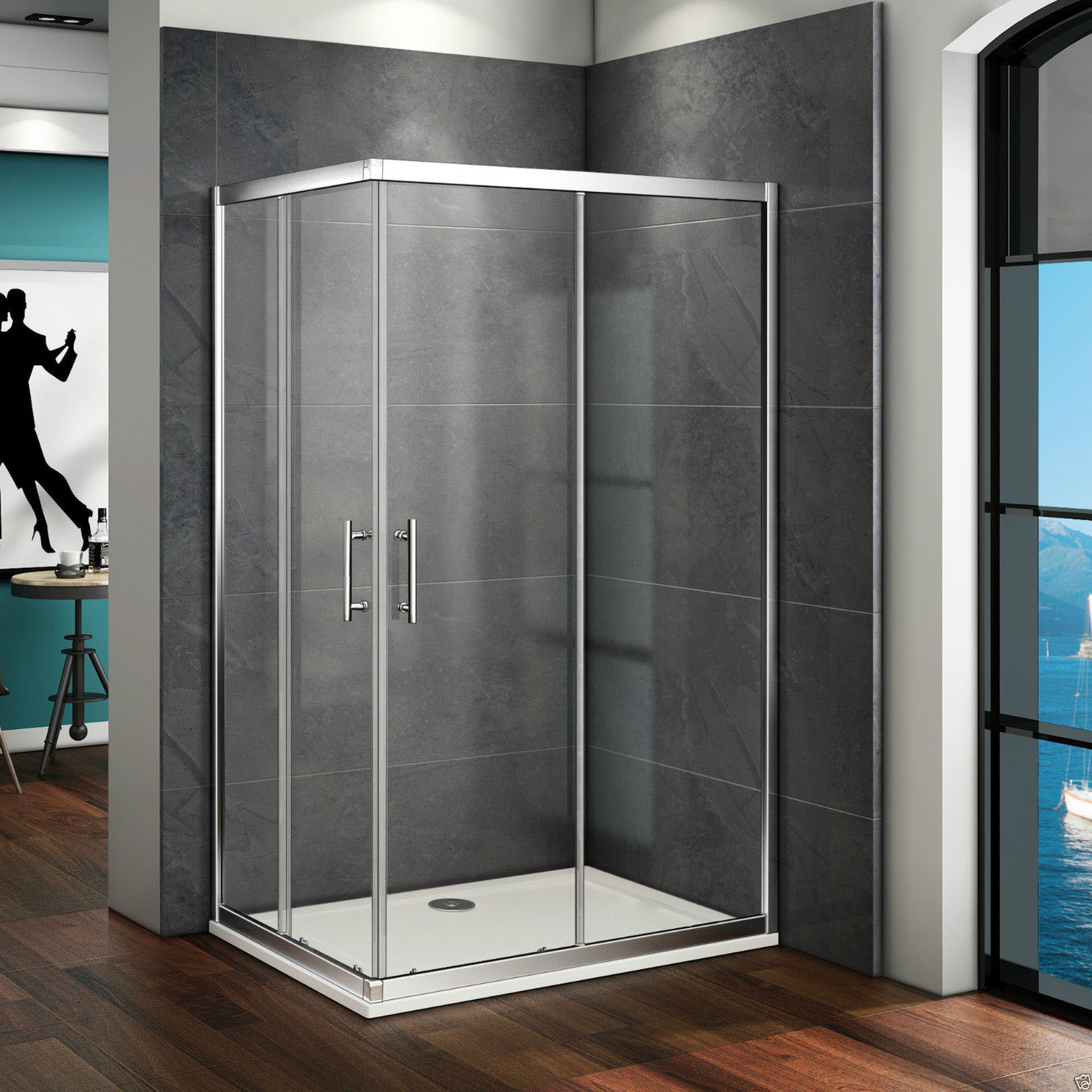 Corner Shower Screen Square Sliding Double Doors & Shower Base Cubical