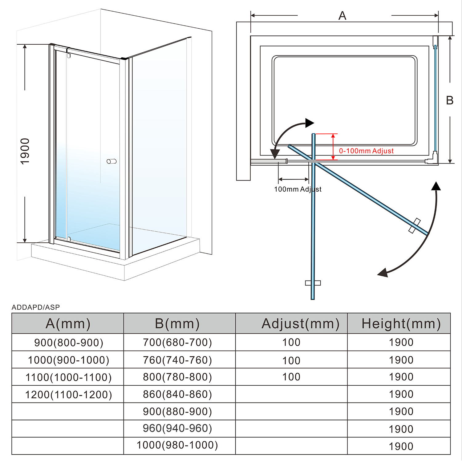 SemiFrameless Shower Screen Pivot Door 1200X900mm With Adjustable