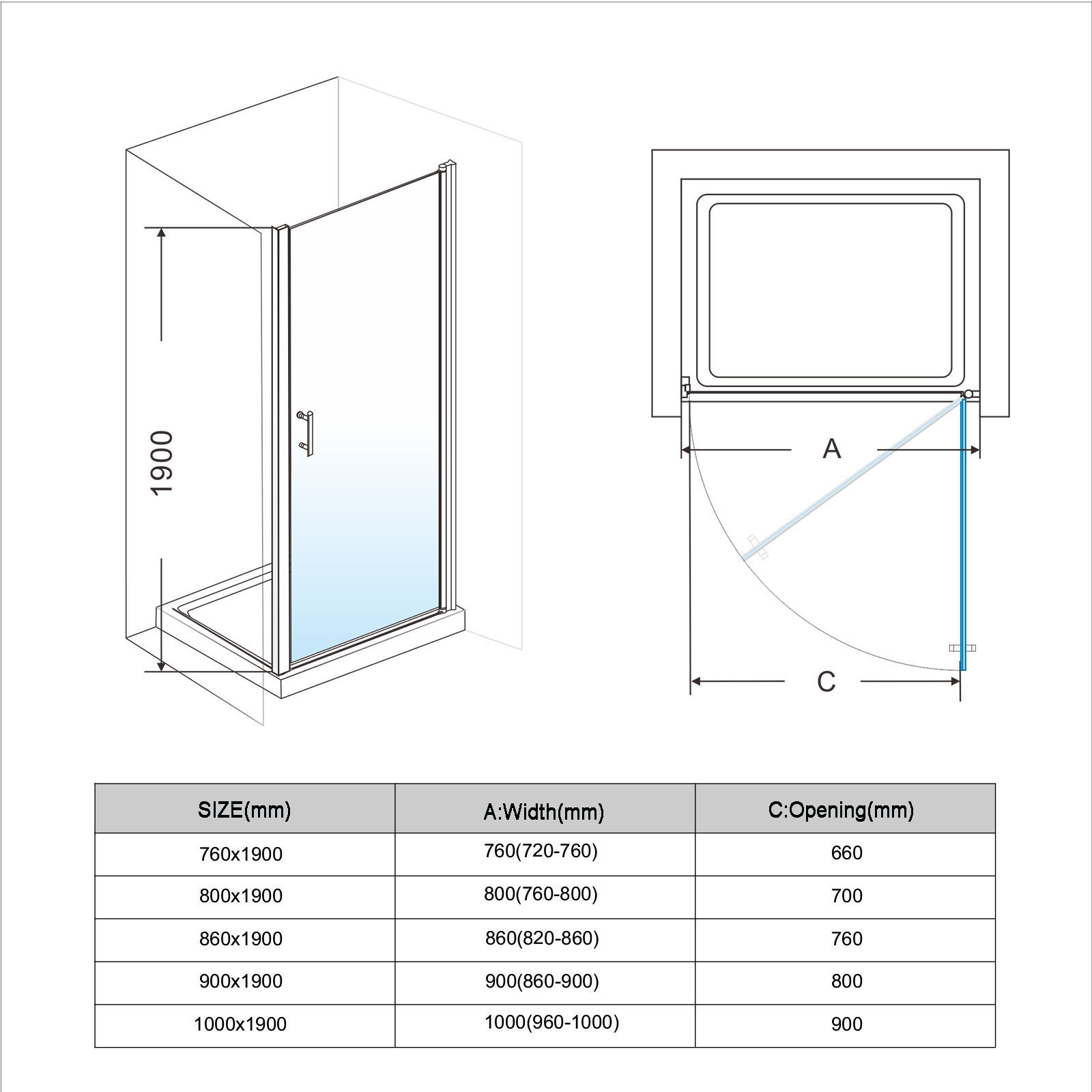 Shower Screen Wall to Wall Frameless Pivot Swing Door 6mm Bottom Seals