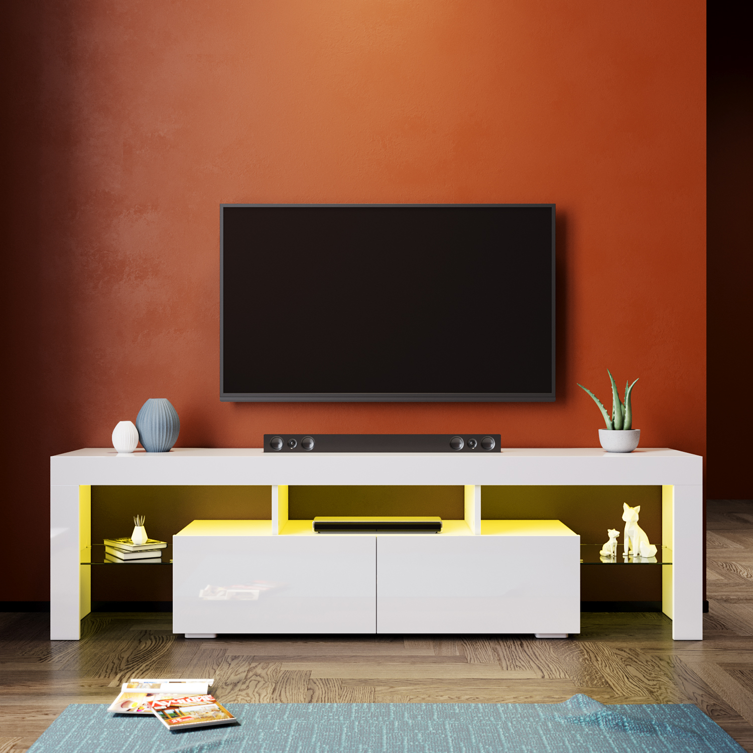 Modern LED TV Stand Wooden Entertainment Unit Storage Gloss