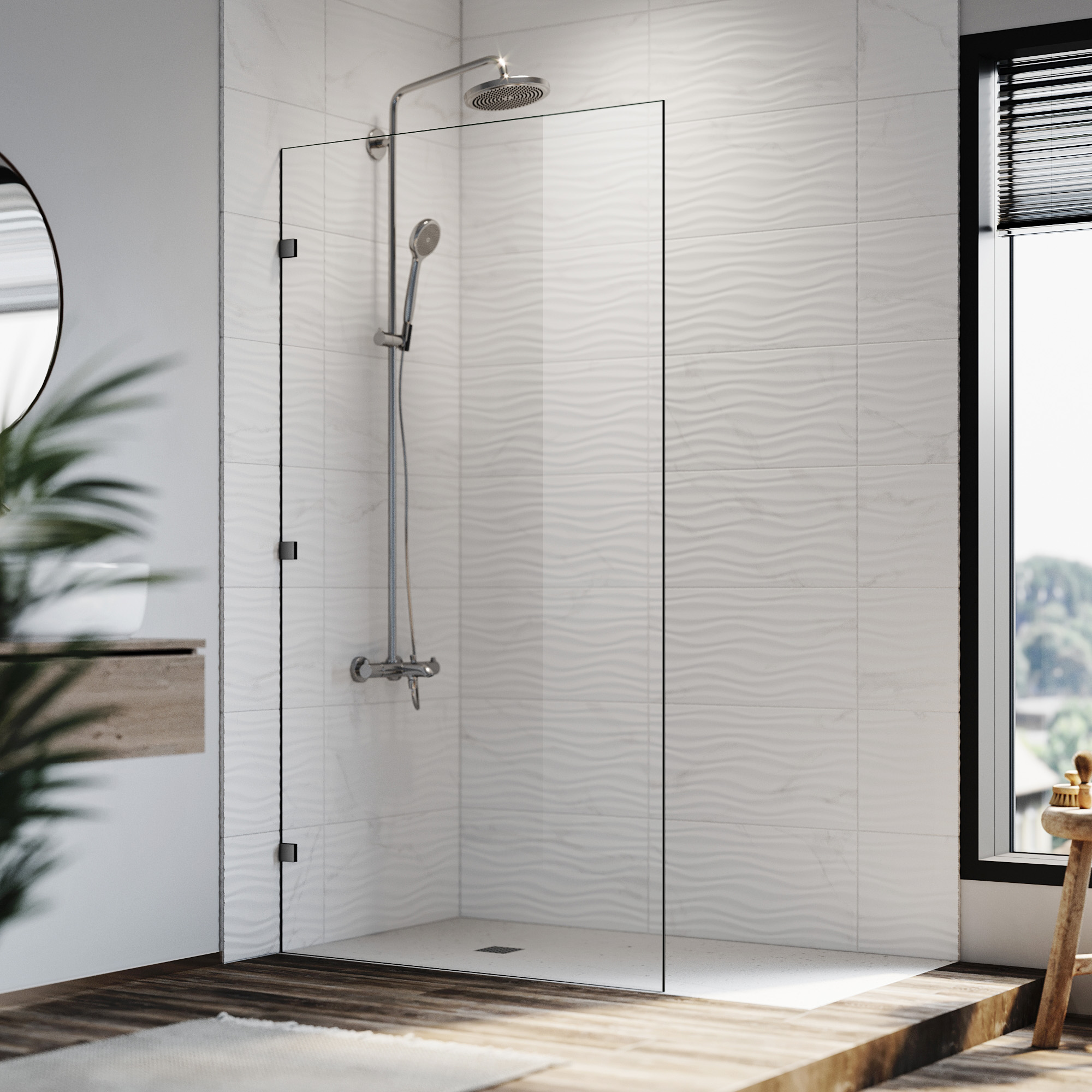Black Frameless Shower Screen Walk In Shower Door Fixed Panel & Base 80120cm eBay