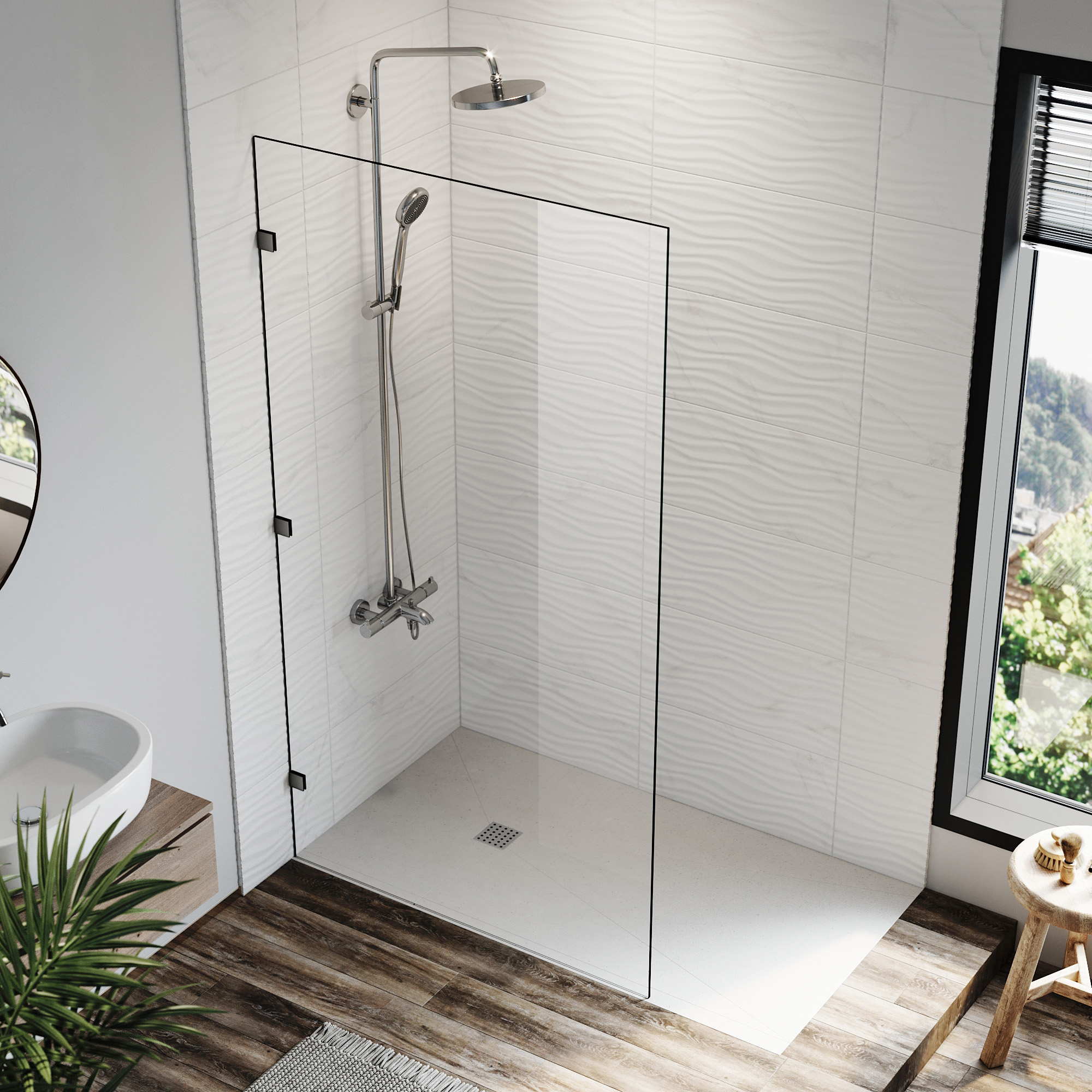 Black Frameless Shower Screen Walk In Shower Door Fixed Panel & Base 80