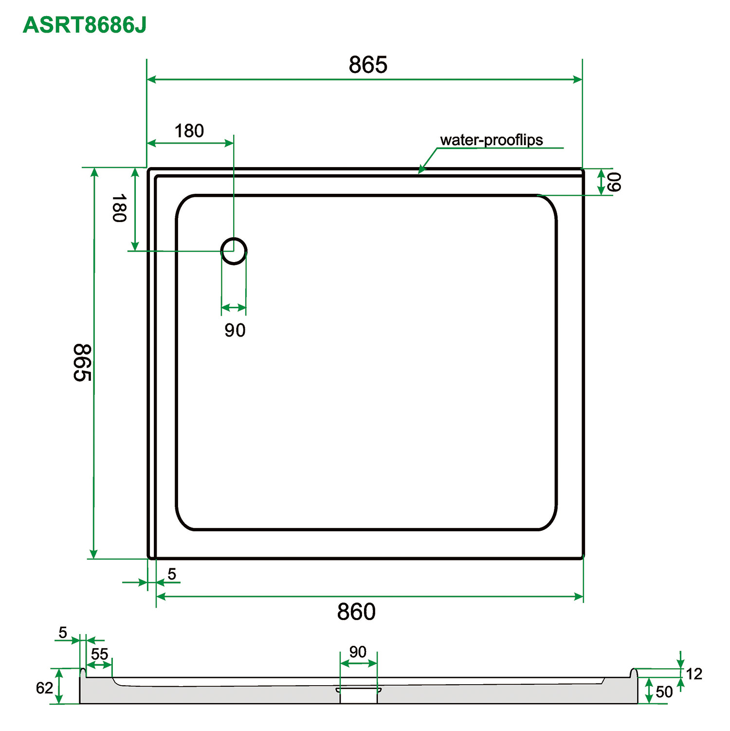 865x865x50mm Square Shower Base Durable Acrylic Fiberglass Australia