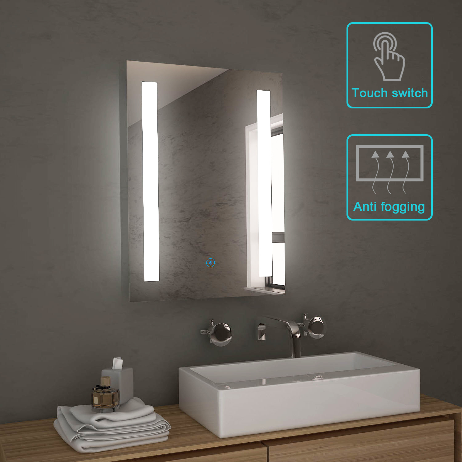 Bathroom Mirror LED 70cm & High Two drawers Vanity Storage Freestanding